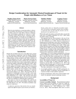 Design Considerations for Automatic Musical Soundscapes of Visual Art
  for People with Blindness or Low Vision