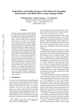 Subtle Biases Need Subtler Measures: Dual Metrics for Evaluating
  Representative and Affinity Bias in Large Language Models