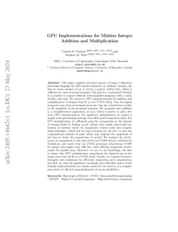 GPU Implementations for Midsize Integer Addition and Multiplication