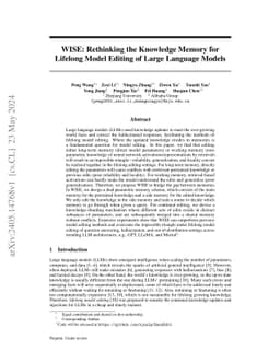 WISE: Rethinking the Knowledge Memory for Lifelong Model Editing of
  Large Language Models