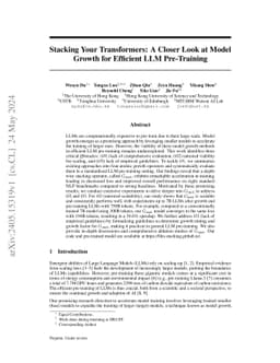 Stacking Your Transformers: A Closer Look at Model Growth for Efficient
  LLM Pre-Training