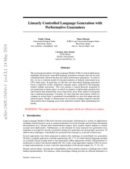 Linearly Controlled Language Generation with Performative Guarantees