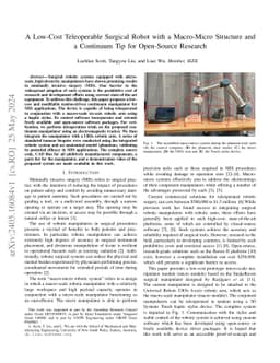 A Low-Cost Teleoperable Surgical Robot with a Macro-Micro Structure and
  a Continuum Tip for Open-Source Research