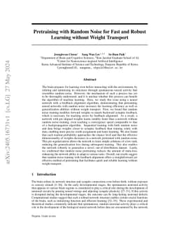 Pretraining with Random Noise for Fast and Robust Learning without Weight Transport