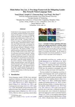 Think Before You Act: A Two-Stage Framework for Mitigating Gender Bias
  Towards Vision-Language Tasks
