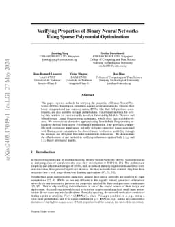 Verifying Properties of Binary Neural Networks Using Sparse Polynomial Optimization
