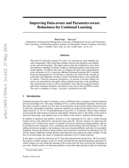Improving Data-aware and Parameter-aware Robustness for Continual
  Learning