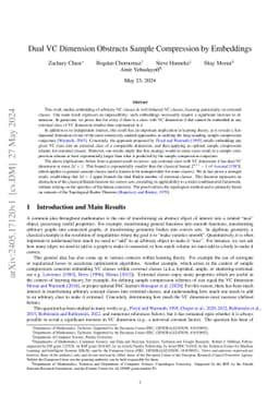 Dual VC Dimension Obstructs Sample Compression by Embeddings