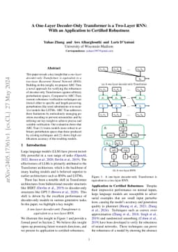 A One-Layer Decoder-Only Transformer is a Two-Layer RNN: With an
  Application to Certified Robustness