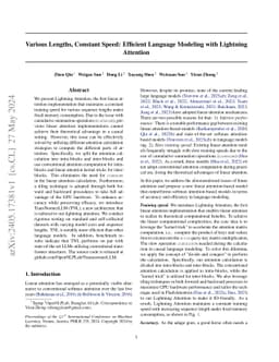 Various Lengths, Constant Speed: Efficient Language Modeling with
  Lightning Attention