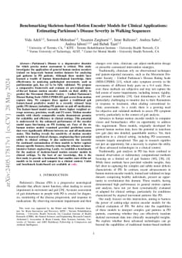 Benchmarking Skeleton-based Motion Encoder Models for Clinical
  Applications: Estimating Parkinson's Disease Severity in Walking Sequences