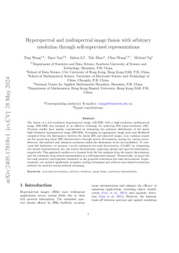 Hyperspectral and multispectral image fusion with arbitrary resolution
  through self-supervised representations