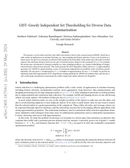 GIST: Greedy Independent Set Thresholding for Diverse Data Summarization