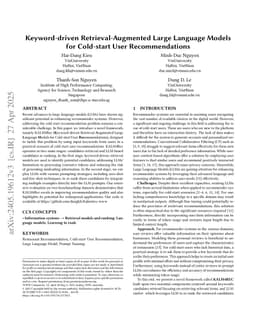 Keyword-driven Retrieval-Augmented Large Language Models for Cold-start User Recommendations