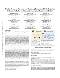 DisCo: Towards Harmonious Disentanglement and Collaboration between
  Tabular and Semantic Space for Recommendation