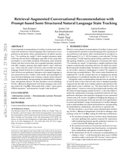 Retrieval-Augmented Conversational Recommendation with Prompt-based
  Semi-Structured Natural Language State Tracking