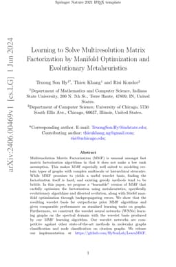 Learning to Solve Multiresolution Matrix Factorization by Manifold
  Optimization and Evolutionary Metaheuristics