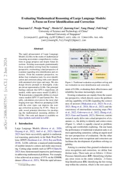 Evaluating Mathematical Reasoning of Large Language Models: A Focus on
  Error Identification and Correction