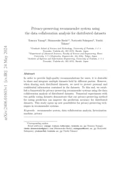 Privacy-preserving recommender system using the data collaboration
  analysis for distributed datasets