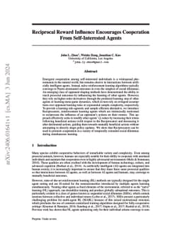 Reciprocal Reward Influence Encourages Cooperation From Self-Interested Agents