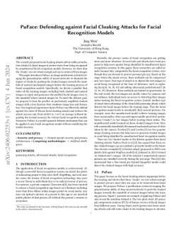 PuFace: Defending against Facial Cloaking Attacks for Facial Recognition
  Models