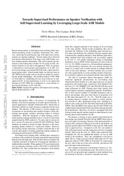 Towards Supervised Performance on Speaker Verification with
  Self-Supervised Learning by Leveraging Large-Scale ASR Models