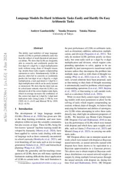 Language Models Do Hard Arithmetic Tasks Easily and Hardly Do Easy
  Arithmetic Tasks