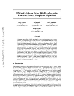 Efficient Minimum Bayes Risk Decoding using Low-Rank Matrix Completion
  Algorithms