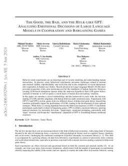 The Good, the Bad, and the Hulk-like GPT: Analyzing Emotional Decisions
  of Large Language Models in Cooperation and Bargaining Games
