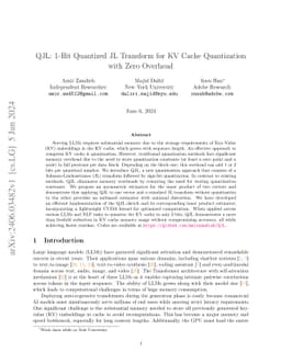 QJL: 1-Bit Quantized JL Transform for KV Cache Quantization with Zero
  Overhead