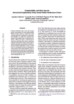 Explainability and Hate Speech: Structured Explanations Make Social
  Media Moderators Faster