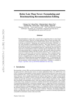 Better Late Than Never: Formulating and Benchmarking Recommendation
  Editing