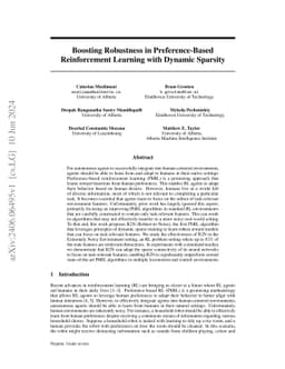Boosting Robustness in Preference-Based Reinforcement Learning with
  Dynamic Sparsity