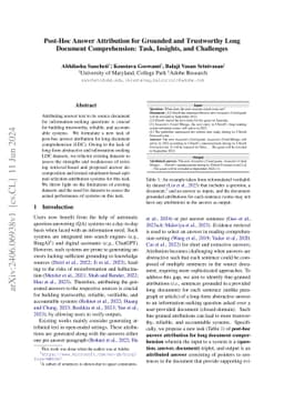Post-Hoc Answer Attribution for Grounded and Trustworthy Long Document
  Comprehension: Task, Insights, and Challenges
