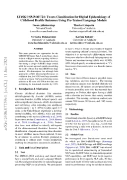 LT4SG@SMM4H24: Tweets Classification for Digital Epidemiology of
  Childhood Health Outcomes Using Pre-Trained Language Models