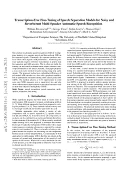 Transcription-Free Fine-Tuning of Speech Separation Models for Noisy and
  Reverberant Multi-Speaker Automatic Speech Recognition