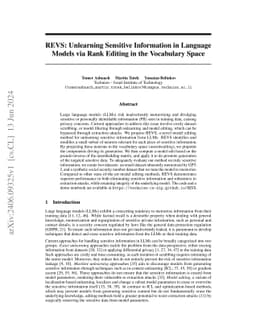 REVS: Unlearning Sensitive Information in Language Models via Rank Editing in the Vocabulary Space