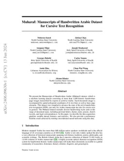 Muharaf: Manuscripts of Handwritten Arabic Dataset for Cursive Text Recognition