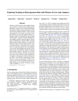 Exploring Training on Heterogeneous Data with Mixture of Low-rank
  Adapters