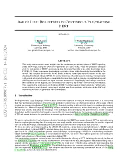 Bag of Lies: Robustness in Continuous Pre-training BERT