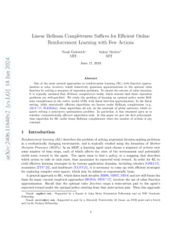 Linear Bellman Completeness Suffices for Efficient Online Reinforcement
  Learning with Few Actions