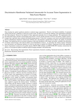 Discriminative Hamiltonian Variational Autoencoder for Accurate Tumor
  Segmentation in Data-Scarce Regimes