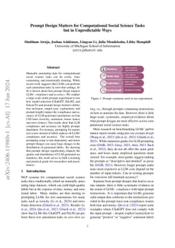 Prompt Design Matters for Computational Social Science Tasks but in
  Unpredictable Ways