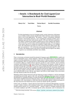 $τ$-bench: A Benchmark for Tool-Agent-User Interaction in Real-World
  Domains