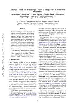 Language Models are Surprisingly Fragile to Drug Names in Biomedical
  Benchmarks