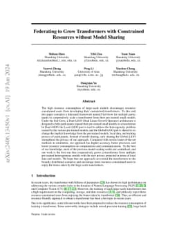 Federating to Grow Transformers with Constrained Resources without Model
  Sharing