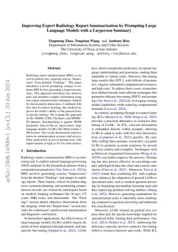 Improving Expert Radiology Report Summarization by Prompting Large
  Language Models with a Layperson Summary