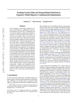Training Greedy Policy for Proposal Batch Selection in Expensive
  Multi-Objective Combinatorial Optimization