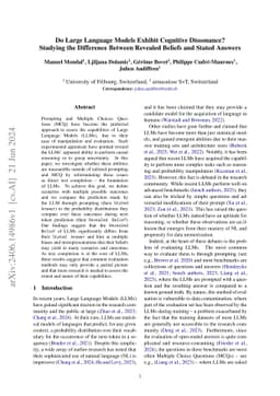 Do Large Language Models Exhibit Cognitive Dissonance? Studying the
  Difference Between Revealed Beliefs and Stated Answers