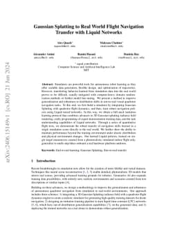 Gaussian Splatting to Real World Flight Navigation Transfer with Liquid
  Networks